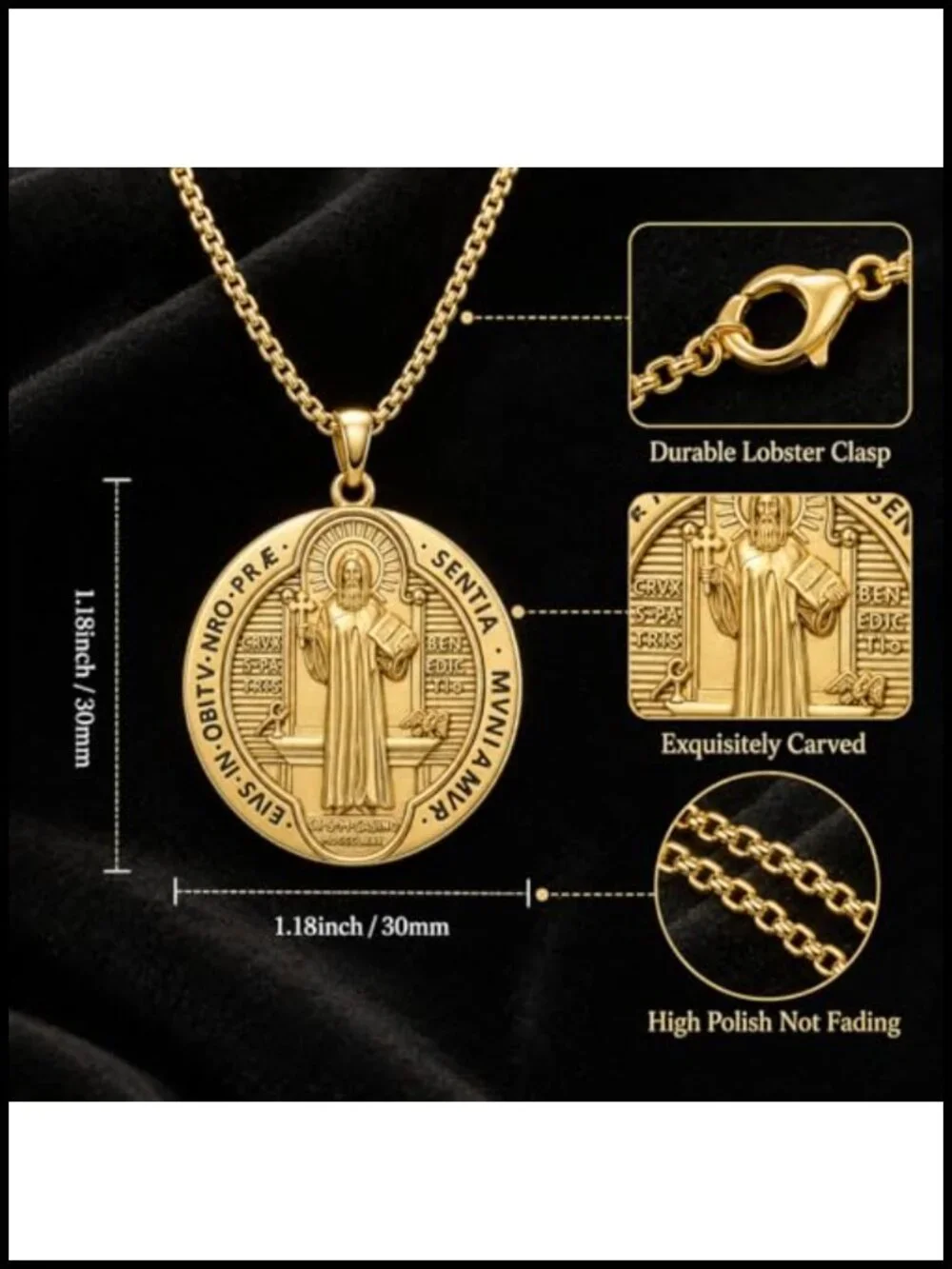 St Benedict Pendant Necklace 14K Gold Plated Catholic Medal Religious Jewelry